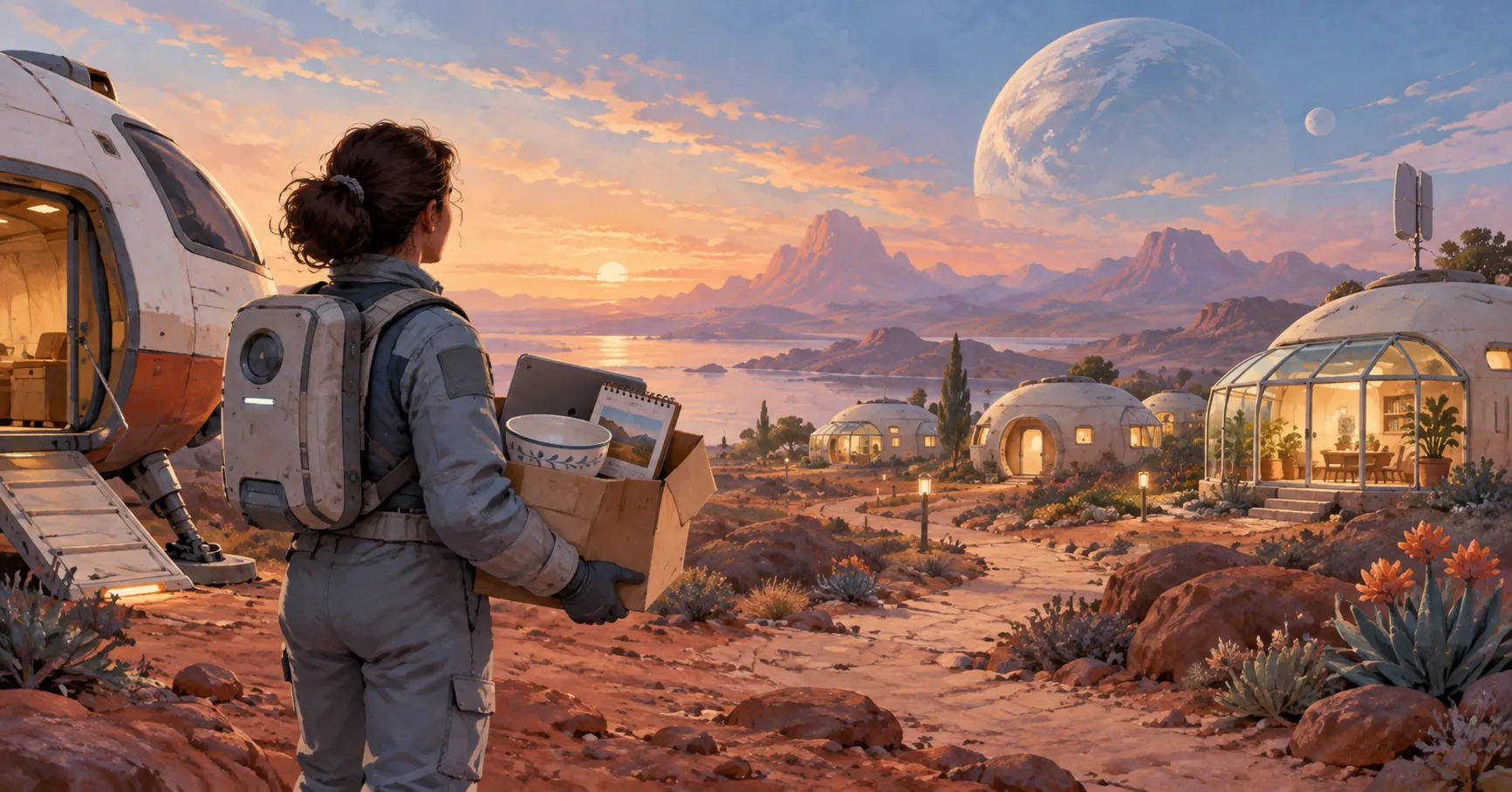 An astronaut carrying a moving box with a bowl, a laptop and a desk calendar toward a settlement of glowing domes on a new planet